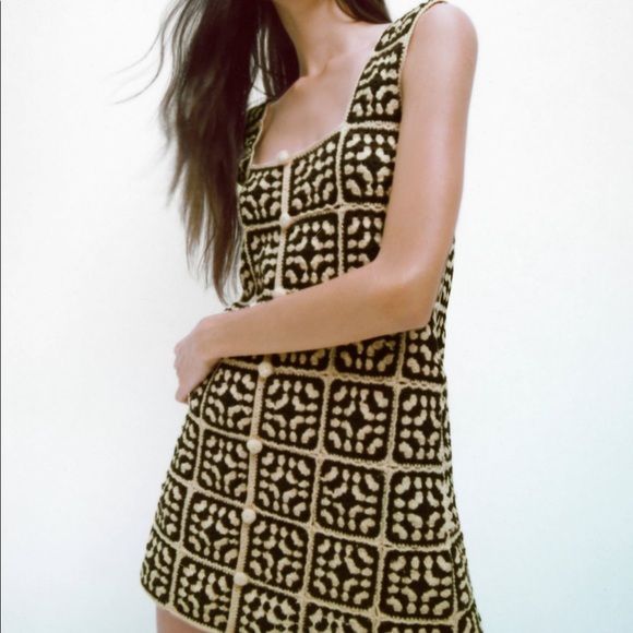 Zara Knit Crochet Dress Brown Black Xs 
